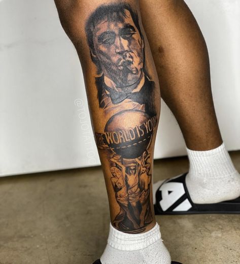 Inside Of Leg Tattoo, Leg Tattoo Men Spiritual, Men’s Side Calf Tattoos, Men’s Lower Leg Tattoo, The World Is Yours Tattoo Leg, Walk With God Tattoo, Black Male Leg Tattoos, Rapper Leg Sleeve, Men Leg Tattoo