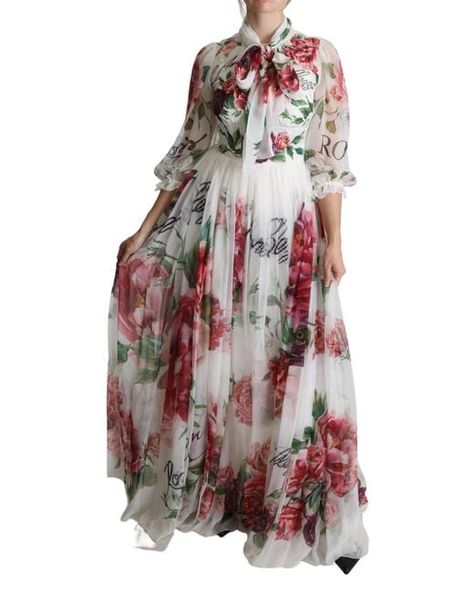 Dolce & Gabbana Floral Rose Silk Print Floor Length Dress in White | Lyst UK Frock For Women, Floor Length Dress, Scarf Neck, Red Dress Women, Dolce Gabbana Dress, Frock Design, Purple And Green, Floor Length Dresses, Dolce & Gabbana