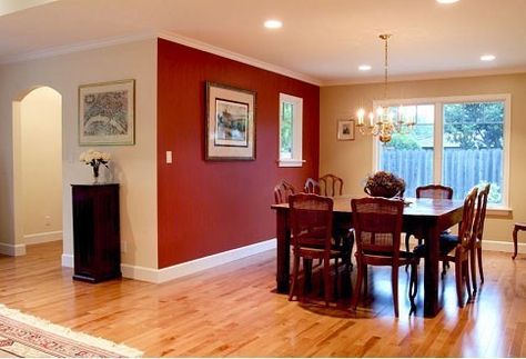 This room is Accented because the floor and back wall are light brown and then the wall and chairs are a dark red. Red Accent Wall, Center Organization, Red Dining Room, Tv Armoire, Accent Wall Colors, Dining Room Paint, Accent Walls In Living Room, Living Room Red, Trendy Living Rooms