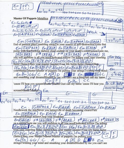 Master Of Puppets Guitar Tab, Master Of Puppets Guitar, Master Of Puppets Metallica, Metallica Guitar, Metallica Lyrics, Guitar Notes, Guitar Chord Chart, Master Of Puppets, Music Chords