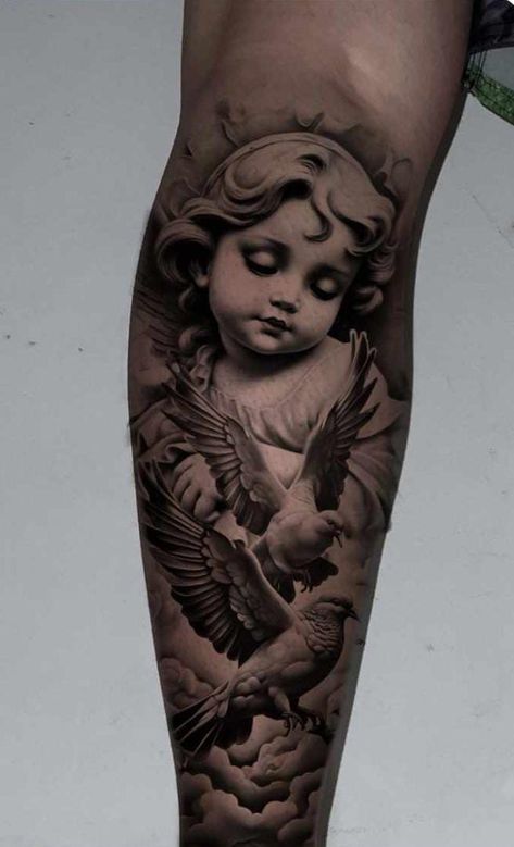 Tattoo Cherub Angel, Large Angel Tattoo, Back Leg Sleeve Tattoo, Angel And Dove Tattoo, Jesus Sleeve Tattoos For Women, 3 Doves Tattoo, Woman’s Leg Tattoo, Angel Tattoo Leg, Angel Tattoo On Arm