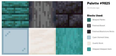 Block Palettes - Trendy Block Palettes - Google Chrome Minecraft Color Palette Prismarine, Minecraft Block Palette Quartz, Best Minecraft Block Combinations, Blue Block Pallet Minecraft, Minecraft Deep Slate Palette, Minecraft Blue Color Palette, Block Pallette Ideas Minecraft, Nether Block Palette, Blue Minecraft Block Palette