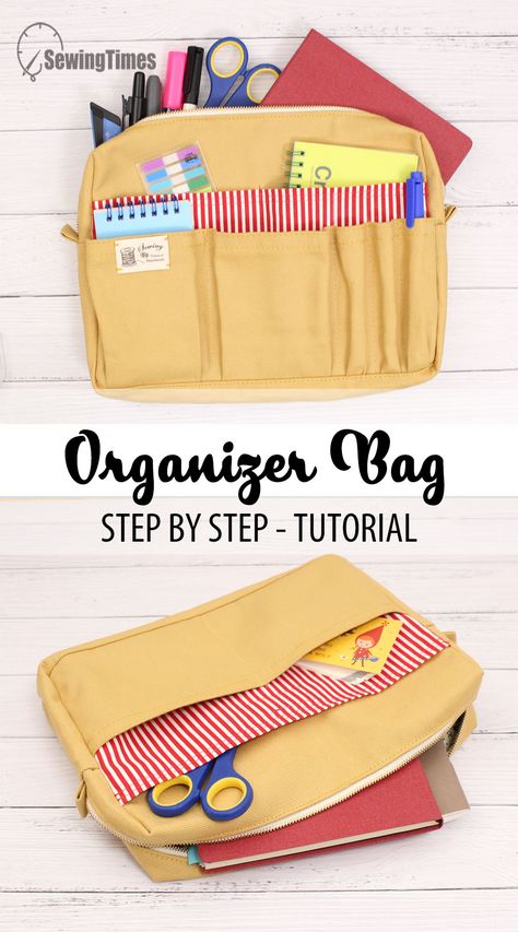 DIY ORGANIZER BAG | How to make a Utility Pouch Bag Tutorial [sewingtimes] Bag Organizer Sewing Pattern, Diy Handbag Organizer, Organizer Bag Pattern, Utility Bag Pattern, Backpack Organizer Diy, Diy Project Bag, Delfonics Utility Pouch, Sewing Bag Organizer, Bag Organizer Pattern