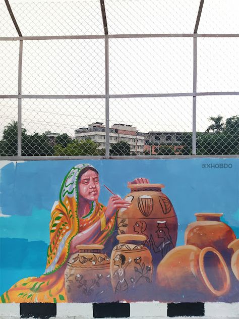 A woman potter painting on clay pot , Beautiful art mural at Dispur Supermarket Flyover,Guwahati, Assam , India [ Art work by TEAM LivingArt Guwahati ) [ Wear a Mask 😷 We shall overcome ] Painting On Clay, We Shall Overcome, Pvc Ceiling Design, Street Wall, Street Wall Art, Hindu Culture, Street Painting, Wall Murals Painted, Pvc Ceiling