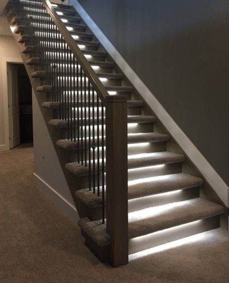 Wood rail and Newel, metal spindles, lit carpet stairs Carpet Stairs With Lights, Stairs Lighting Ideas, Cinema Interior, Metal Stair Spindles, Staircase Lighting Ideas, Stairs Lighting, Laminate Stairs, Indoor Railing, Villa Ideas