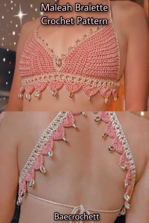 Triangular Crochet Shawl Pattern, Yarn Products Ideas, Free Crochet Bra Pattern, Crochet Tops With Beads, Unique Crochet Clothes, Beaded Crochet Top, Crochet Straps For Tops, Crochet Top With Beads, Crochet Designs Clothing