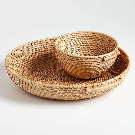 Best Fruit Baskets & Modern Fruit Bowls | Crate & Barrel Round Rattan Tray, Modern Fruit Bowl, Bamboo Decor, Rattan Tray, Sustainable Kitchen, Bamboo Crafts, Tray With Handles, Centerpiece Bowl, Monogrammed Items