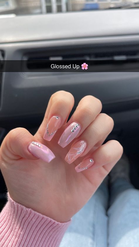 Light pink hoco nails marble nail art homecoming prom french tip princess pink tips gems sparkly acrylic nails diamond design Light Pink Nails With Gems, Nail Inspo With Gems, Pink Hoco Nails, Pink Nails With Gems, Nails With Gems, Sparkly Acrylic Nails, Nails Marble, Hoco Nails, Pink Tips