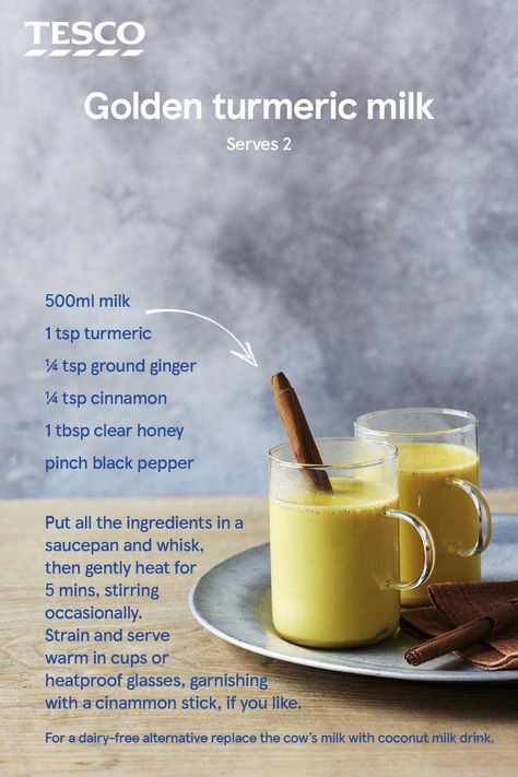 Try the golden milk trend at home with this easy turmeric milk recipe. Made with just a few ingredients, this warming drink is full of soothing spices including ginger, cinnamon and of course turmeric, which gives it its gorgeous colour. | Tesco Turmeric Milk Recipe, Coconut Milk Drink, Golden Milk Recipe, Turmeric Milk, Turmeric Recipes, Dairy Free Alternatives, Turmeric Tea, Golden Milk, Milk Recipes