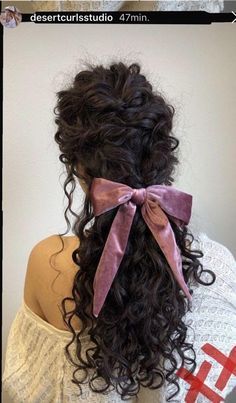 Curly Hair With Bow, Curly Hair Bow, Curly Wedding Hair, Bow Hairstyle, Hairdos For Curly Hair, Curly Hair Inspiration, Curly Hair Tips, Volleyball Hairstyles, Long Curly Hair