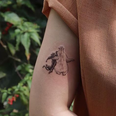 Baloo Tattoo The Jungle Book, Jungle Book Tattoo Ideas, The Jungle Book Tattoo, Baloo Tattoo, Jungle Book Tattoo, Matching Disney Tattoos, Jungle Book Baloo, Book Tattoo Ideas, Pop Culture Tattoos