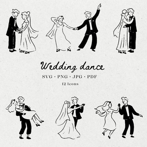 Minimal Digital Hand-Drawn Wedding Dance illustrations. Hand drawn clipart icons. Perfect for Wedding invitations, Bachelorette, Hen do, Parties invitations, Birthday, Galentines, Bridal Shower and more.  Hand drawn style with scribble drawings. Italian Style and French Style clipart icons. Please note that this is a DIGITAL PRODUCT, no physical product will be shipped.  Go to https://www.etsy.com/uk/shop/RoseRayCo?ref=l2-about-shopname&search_query=CA001 to view the full clipart icon collection Wedding Doodles Couple, Wedding Dance Illustration, Wedding Invitations Drawing, Scribble Drawings, Bridal Illustration, Hand Drawn Invitation, Dance Illustration, Dancing Drawing, Hand Drawn Wedding Invitations