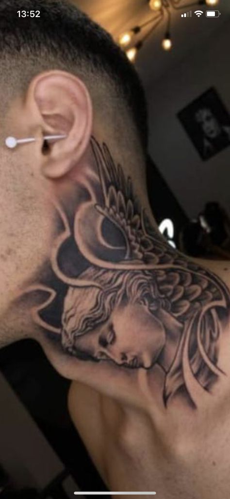 Angel Ear Tattoo, Angel Neck Tattoo For Men, Wing Neck Tattoo, Godfather Tattoo, Front Neck Tattoo, Full Neck Tattoos, Rose Flower Tattoos, Tela Iphone, Hand And Finger Tattoos