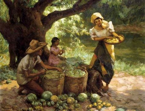 painting by Fernando Armosolo titled "Under the Mango Tree" Fernando Amorsolo, Mango Tree, A Child, Hong Kong, Mango, Oil Painting, Auction