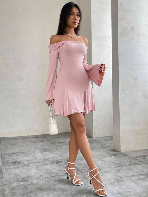 Off Shoulder Long Sleeve Dress Cute Pink Outfit Cute Pink Dresses, Off The Shoulder Pink Dress, Cute Pink Outfits, Off Shoulder Long Sleeve Dress, Pink Dress Short, Baby Light, Dark Academia Fashion, Academia Fashion, Date Dresses