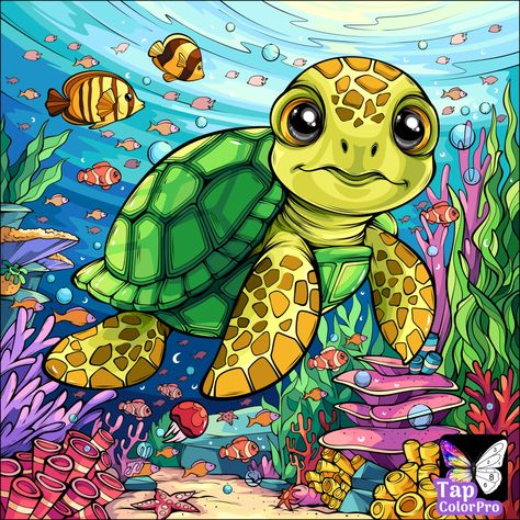 Under The Sea Drawings, Sea Drawing, Wine Glass Candle, Turtle Drawing, Turtle Art, Animals Artwork, Ocean Creatures, Mural Painting, Coloring Pictures