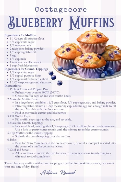 Indulge in the charm of cottagecore with these delightful Blueberry Muffins topped with a sweet, crumbly topping. Perfect for breakfast, brunch, or an afternoon treat, these muffins are bursting with fresh blueberries and a hint of vanilla. Follow this simple recipe to bring a touch of rustic, homemade goodness to your kitchen. Click through for the full recipe and step-by-step instructions! #Cottagecore #Baking #BlueberryMuffins #CrumbTopping #Homemade #RusticRecipes #CountryLife #ComfortFood Blueberry Muffins With Crumble Topping Recipe, Crumble Muffin Topping, Easy Cottagecore Baking Recipes, Blueberrie Recipes, Homesteading Recipes Cooking, Best Blueberry Cake Recipe, Baked Goods Easy, Recipes Step By Step, Blueberry Muffins Crumb Topping