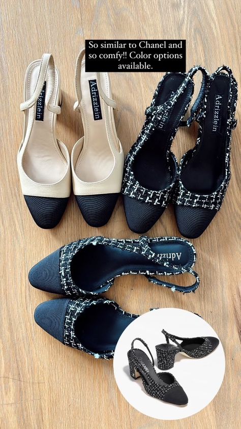 Chanel inspired shoes from Amazon! Similar to Chanel flats and heels. Tweed heels, tweed flats, cap toe flats, cap toe heels, nude heels Tweed Heels, Tweed Shoes, Shoes From Amazon, Wine Outfit, Chanel Flats, Chanel Tweed, Chanel Inspired, Heels Outfits, Shoes Outfit