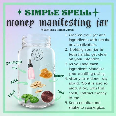 @mysticwitchofthemoon on Instagram: “Simple money manifesting jar by @samthecosmicwitch . . . . #wiccansofinstagram #witchlife #witchesofinstagram #witch #witchcraft #wicca…” Spell Jar Ingredients, Money Spells Magic, Witches Jar, Kitchen Witch Recipes, Manifestation Spells, Money Jar, Money Spells That Work, Prosperity Spell, Good Luck Spells