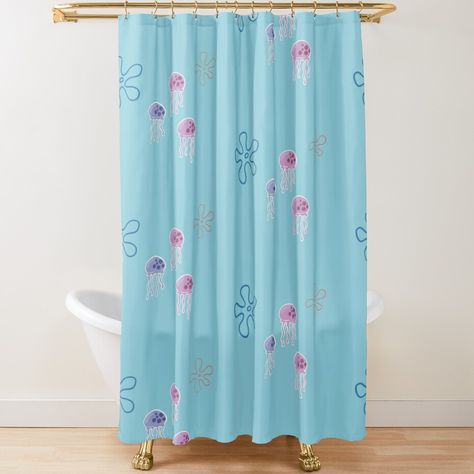 Extra-long decorative fabric shower curtains with 12 button holes. Comes ready to hang. Vivid, full-color printed on front and white on back. Fits most standard size tubs and showers. Spongebob Jellyfish, Button Holes, Fabric Shower Curtains, Curtains For Sale, Designer Shower Curtains, Basic Shower Curtain, Jellyfish, Fabric Decor, Shower Curtains