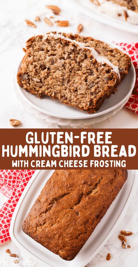 Gluten-free Hummingbird Bread with Cream Cheese Frosting is a fun Spring or Summer breakfast inspired by the classic southern Hummingbird Cake. Loaded with banana, pineapple, cinnamon, pecans, and coconut. This fun quick bread is simple and delicious! Gluten Free Hummingbird Cake, Gluten Free Quick Bread Recipes, Hummingbird Bread Recipe, Hummingbird Bread, Breakfast Biscuit Recipe, Gluten Free Quick Bread, Gluten Free Banana Bread Recipe, Bread With Cream Cheese, Gluten Free Recipes Side Dishes