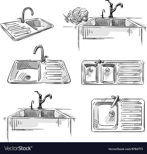 Kitchen Sink Drawing, Sink Drawing, Drawing Kitchen, Modern Kitchen Photos, Diy Furniture Videos, Kitchen Objects, Modern Kitchen Sinks, Kitchen Drawing, Cats Art Drawing