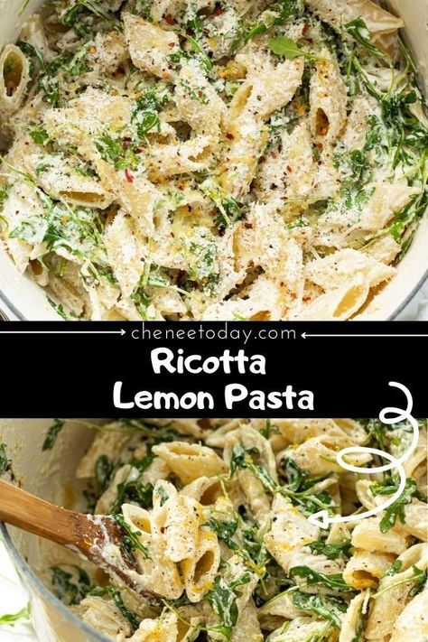 One pot ricotta lemon pasta with arugula and parmesan cheese! Make an easy lemon ricotta pasta sauce in just a few steps to enjoy this deliciously bright dinner! This ricotta cheese lemon pasta is a guaranteed hit! Asparagus Ricotta Pasta With Almonds, Lemon Ricotta Pasta Salad, Lemon Pasta With Ricotta, Pasta W Ricotta Cheese, Lemon Vegetable Pasta, Lemon Basil Ricotta Pasta, Lemon Cottage Cheese Pasta, One Pot Pasta With Ricotta And Lemon, Part Skim Ricotta Cheese Recipes