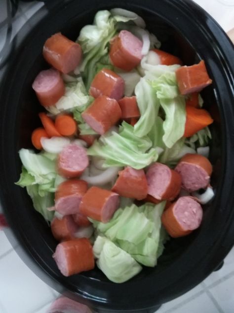 Crockpot Sausage and Cabbage – dawns-ad-lib.com® Cabbage Crockpot, Cabbage Slow Cooker, Crockpot Cabbage Recipes, Crockpot Sausage, Sausage And Cabbage, Slow Cooker Kielbasa, Kielbasa And Cabbage, Cabbage And Sausage, Sausage Dishes