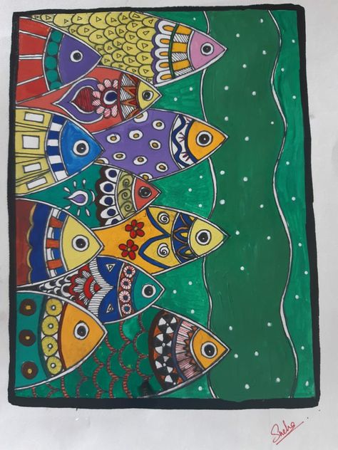 Folk Art Fish Painting, Easy Fish Painting, Colorful Fish Painting, Phish Art, Madhubani Fish, Folk Art Fish, Fly Fishing Art, Gond Painting, Painted Fish