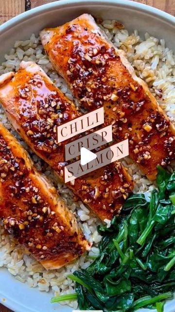 Consider me influenced!  I had a jar of opened chili crisp in the fridge and some salmon and was lookingm for a recipe for a glaze. And a... | Instagram Chili Crunch, Soy Sauce Garlic, Chili Crisp, Seared Salmon, Sauteed Spinach, Salmon Dishes, Baked Salmon, Fish Dishes, Seafood Dishes