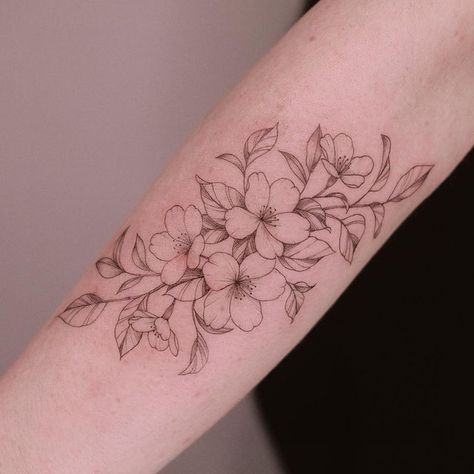 Hawthorne Blossom Tattoo, Honey Bee Apple Blossom Tattoo, Pear Tree Blossom Tattoo, Flower Tattoo Cherry Blossom, Clementine Blossom Tattoo, Cherry Blossom Hip Tattoos Women, Fine Line Cherry Blossom Tattoo Design, Feminine Line Art Tattoos, Apple Blossom Flower Tattoo