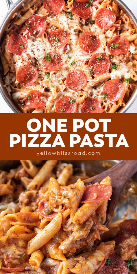 This One Pot Pizza Pasta is so simple and delicious and tastes like pizza in a bowl! Plus this simple dinner cooks in just one pot for easy clean up! Big One Pot Meals, One Pot Pizza Pasta Bake, Simple One Pot Dinners, One Pot Pepperoni Pizza Pasta, Easy Dinner Ideas One Pot, Pasta Skillet Meals, Pizza Pasta Recipes Easy, One Pot Pizza Pasta, Quick And Easy One Pot Dinner Recipes