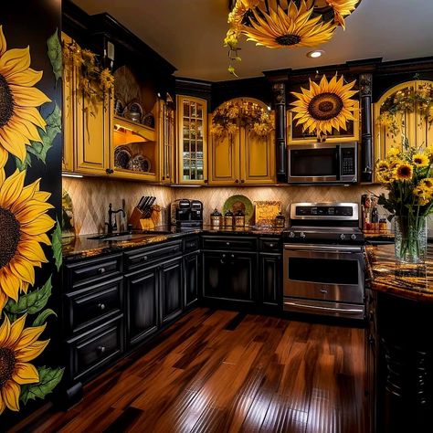 Sunflower Kitchen Paint Ideas, Yellow And Brown Kitchen Ideas, Sunflower Kitchen Cabinets, Sunflower Kitchen Ideas, Brown Kitchen Ideas, Sunflower Ideas, Sunflower Room, Yellow Accent Walls, Sunflower Home Decor