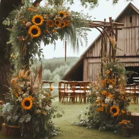 Rustic Arch Decoration Wedding, Rust Sunflower Wedding, Sunflowers And Pampas Wedding, Rustic Wedding Decor Sunflowers, Wedding Arch With Sunflowers, Sunflower Farm Wedding, Rustic Wedding With Sunflowers, Sunflower Archway, Wedding Arbor Sunflowers