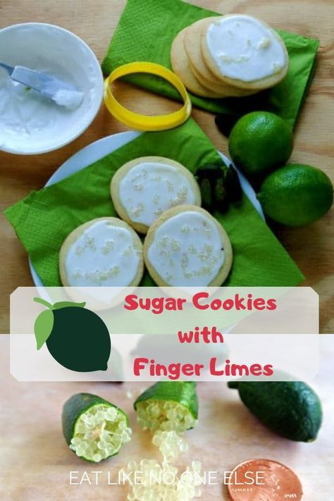 Looking for recipes or how to use finger limes? Trying using them to make these delicious soft sugar cookies. The finger lime caviar add a bold flavor to the icing.  #fingerlimes #cookies #sugarcookies Finger Limes Recipes, Finger Lime Recipes, Citrus Dishes, Indigenous Cooking, Lime Sugar Cookies, Finger Limes, Australian Recipes, Caviar Lime, Lime Desserts