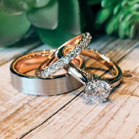 Bride And Groom Ring Sets, Trio Wedding Ring Set, Matching Engagement Rings His And Hers, Wedding Ring Sets His And Hers, Aquamarine Engagement Ring Vintage, White Gold Engagement Rings Unique, Womens Wedding Ring Sets, Trio Ring Set, Wedding Rings Sets His And Hers