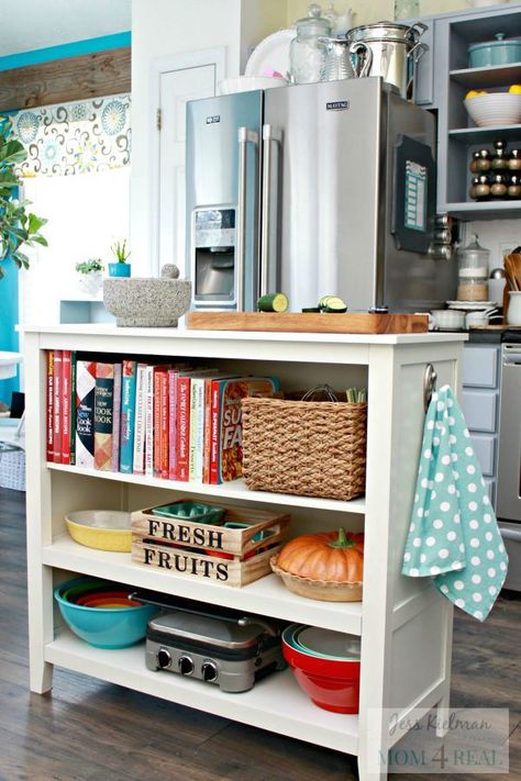 Sideboard Turned Kitchen Island - Wayfair Hack Apartment Kitchen Organization, Cookbook Storage, Organiser Cucina, Small Apartment Kitchen, Small Kitchen Organization, Small Kitchen Storage, Diy Kitchen Renovation, Kitchen Pantry Cabinets, Kitchen Hacks Organization