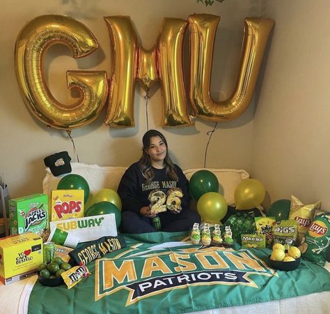 George Mason Graduation Party, George Mason University Aesthetic, College Bed, Senior Year Fun, Bed Party, Apple Pop, College Bedding, George Mason, George Mason University