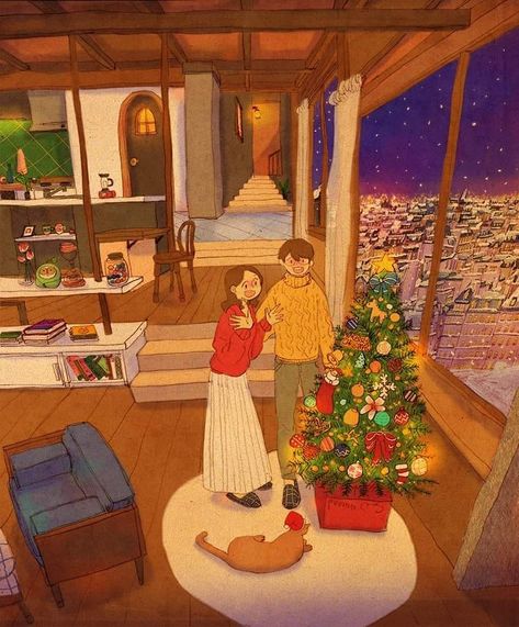 We decorated the Christmas tree. I'm really looking forward to Christmas!  For those of you who want to get this illustration as a christmas card, art print, canvas print, device case, etc. Please search for Puuung on Redbubble.com  #puuung #love #loveis #loveisinsmallthings #couple #relationship #couplegoals #relationshipgoals #christmas #christmastree Puung Couple, Puuung Love Is, Dream Illustration, Wall E Eve, Citation Art, Love You Babe, Couple Illustration, Love Illustration, Cute Couple Art