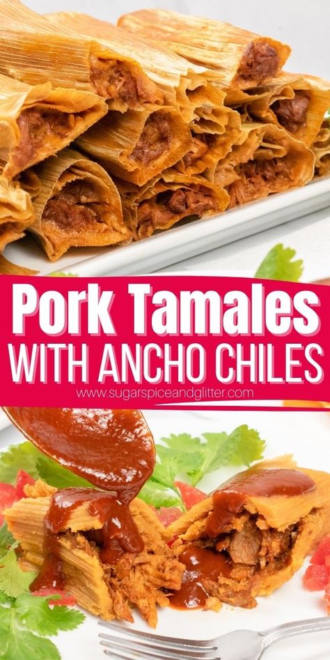 These traditional pork tamales have a complex, yet comforting, flavour profile and a wonderful contrast of textures. The slow cooked pork filling is well-seasoned, succulent and rich, enveloped in a homemade chile sauce and perfectly steamed corn dumplings. These easy tamales absolutely melt in your mouth and are a great tamales recipe for first timers to try with plenty of tips for success! Tamales With Enchilada Sauce, Small Batch Tamales Recipe, Tamale Masa Recipe Easy, Tamales Sauce Recipe, Chile For Tamales, Best Masa Recipe For Tamales, Salvadorian Tamales, Masa For Tamales Recipes, Tamale Fillings