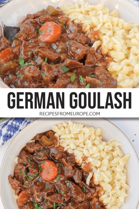 Looking to make a hearty German goulash? This rich and meaty dish is easy to make and serves well with spaetzle, bread dumplings, and more! #germanrecipes #beefrecipes Roasted Potato Slices, German Goulash, Beef And Pasta, Easy German Recipes, German Food Authentic, Bread Dumplings, Goulash Recipe, Potato Slices, Perfect Roast