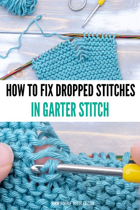 A step by step tutorial on how to do fix a dropped stitch in garter stitch using a crochet hook. Fix those holes and mistakes for beginners. This method is super easy and will be totally invisible once you are finished. How To Fix A Dropped Stitch In Knitting, Fixing Knitting Holes, How To Fix Knitting Mistakes, Nimble Needles, Advanced Knitting Techniques, Knit Stitch Patterns Free, Knitting Yarn Diy, Garter Stitch Knitting, Knitting Hacks