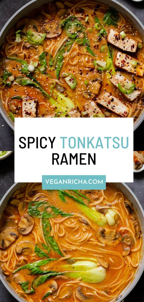 This vegan tonkotsu ramen comes together in a single pot and is so easy to make! It has a spicy, creamy base and flavorful seared tofu topping. Add whatever veggies and other toppings you like! Vegan Tonkotsu Ramen, Seared Tofu, Vegan Ramen Recipes, Tofu Ramen, Peanut Butter Ramen, Curry Ramen, Tonkotsu Ramen, Instant Pot Cookbook, Vegan Ramen