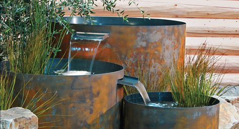 Corten Steel water features in WA by In Harmony Sustainable Landscape Landscape Steps, Outdoor Water Features, Garden Water Feature, Sustainable Landscaping, Pond Water Features, Pond Fountains, Backyard Water Feature, Water Features In The Garden, Ponds Backyard