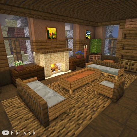 Tutorial for this build is on our YouTube channel: Fiki & Biki 🐔 (link in bio) Minecraft Sitting Room Ideas, Minecraft Workshop Ideas Interior, Minecraft Blacksmith Ideas Interior, Blacksmith Minecraft Interior, Minecraft Interior Ideas Living Rooms, Cute Minecraft Living Room, Minecraft Blacksmith Interior, Rooms In Minecraft, Minecraft Castle Interior