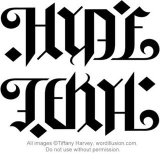 "Hyde" & "Jekyl" Ambigram by tiffanyharvey, via Flickr Goth Logo, Ambigram Tattoos, Ambigram Tattoo, Henry Jekyll, Jekyll And Hyde, Dr Jekyll And Mr Hyde, Mr Hyde, Dr Jekyll, Mr. Hyde