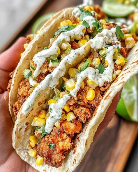 Mexican Street Corn Chicken Tacos, Fried Chicken Street Corn Tacos, Creamy Street Corn, Street Corn Chicken Tacos, Street Corn Tacos, Easy Fruit Cocktails, Fried Chicken Tacos, Sour Cream Ranch Dressing, Chicken Tetrazzini Casserole