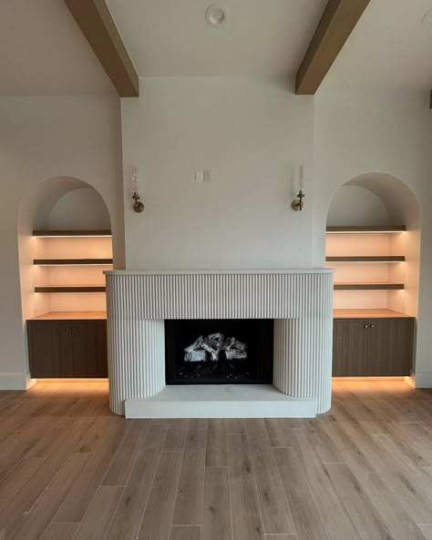 All Posts • Instagram Wood Mantle With Built Ins, Fireplace With Curved Built Ins, Building Fake Fireplace, Two Sided Electric Fireplace, Fireplace Ideas With Bookshelves, Reading Nook By Fireplace, Fireplace Next To Stairs, Modern Square Fireplace, Contemporary Mantle Ideas