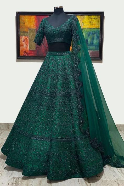 Green Indian Dress, Green Bridal Lehenga, Dark Green Lehenga, Wedding Fits, Raw Silk Lehenga, Reception Outfit, Simple Lehenga, Indian Outfits Lehenga, Desi Fits