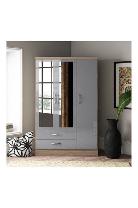 Ackryod 3 Door Grey Wardrobe with mirror 3 Door Sliding Wardrobe, Three Door Wardrobe, Wall Wardrobe Design, Wooden Wardrobe Design, 3 Door Wardrobe, 4 Door Wardrobe, Wood Wardrobe, Wardrobe Designs, Door Sliding